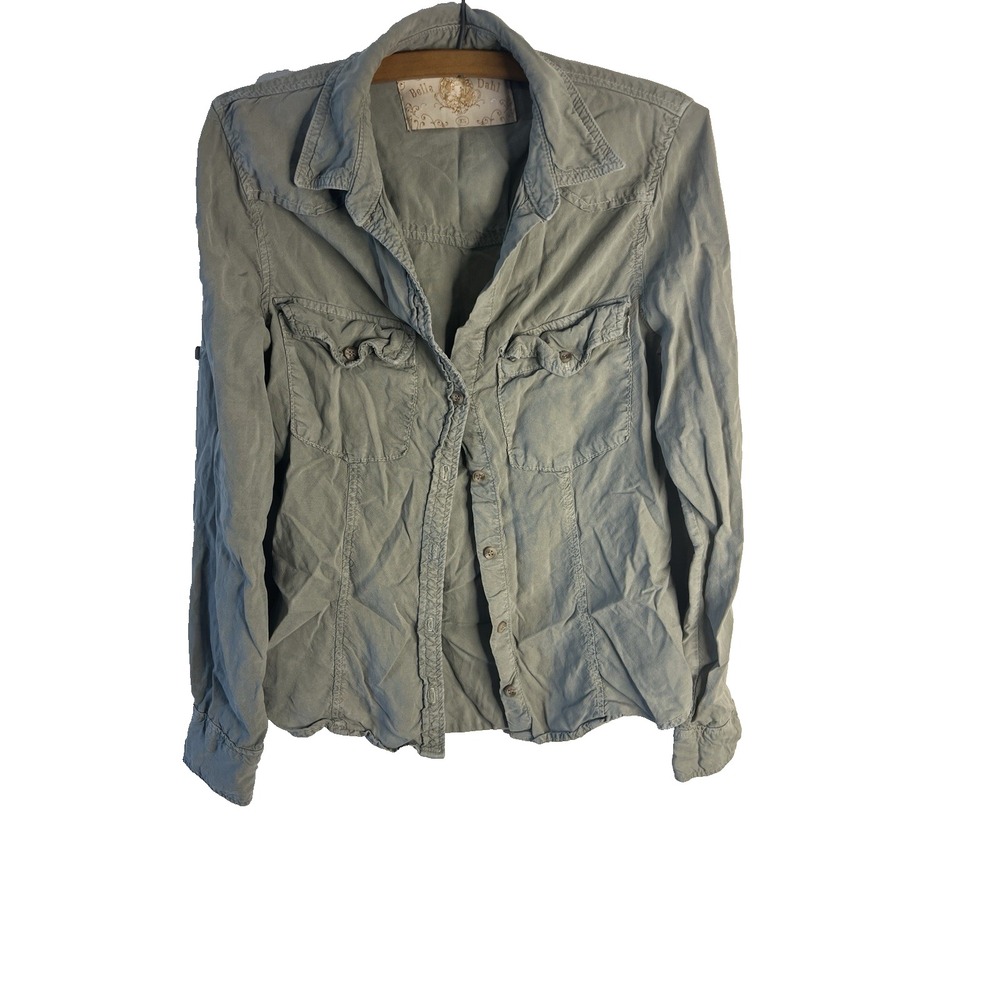 Bell Dahl Women Contemporary Minimal Button Up Tencel Top XS Gray Green Relaxed